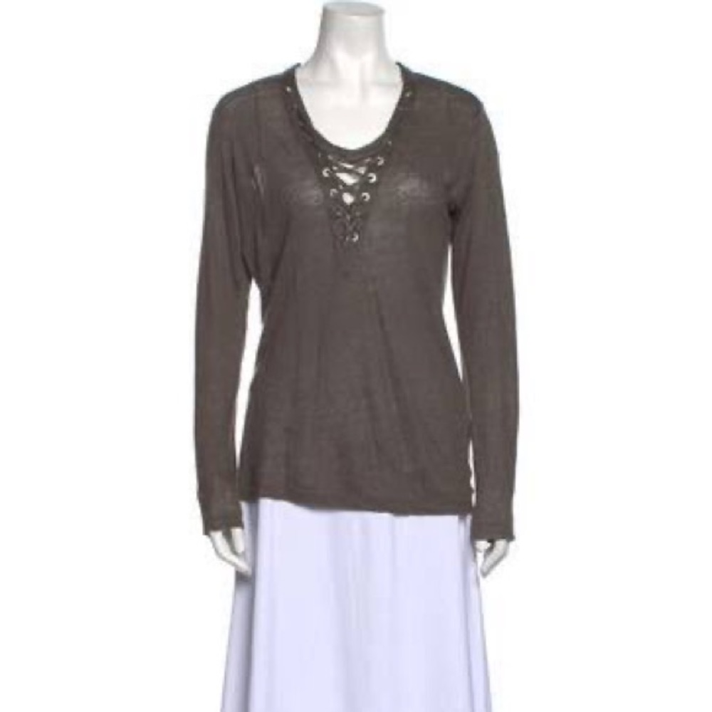 IRO Linen V Neck Long Sleeve Top Lace Up, Size Medium